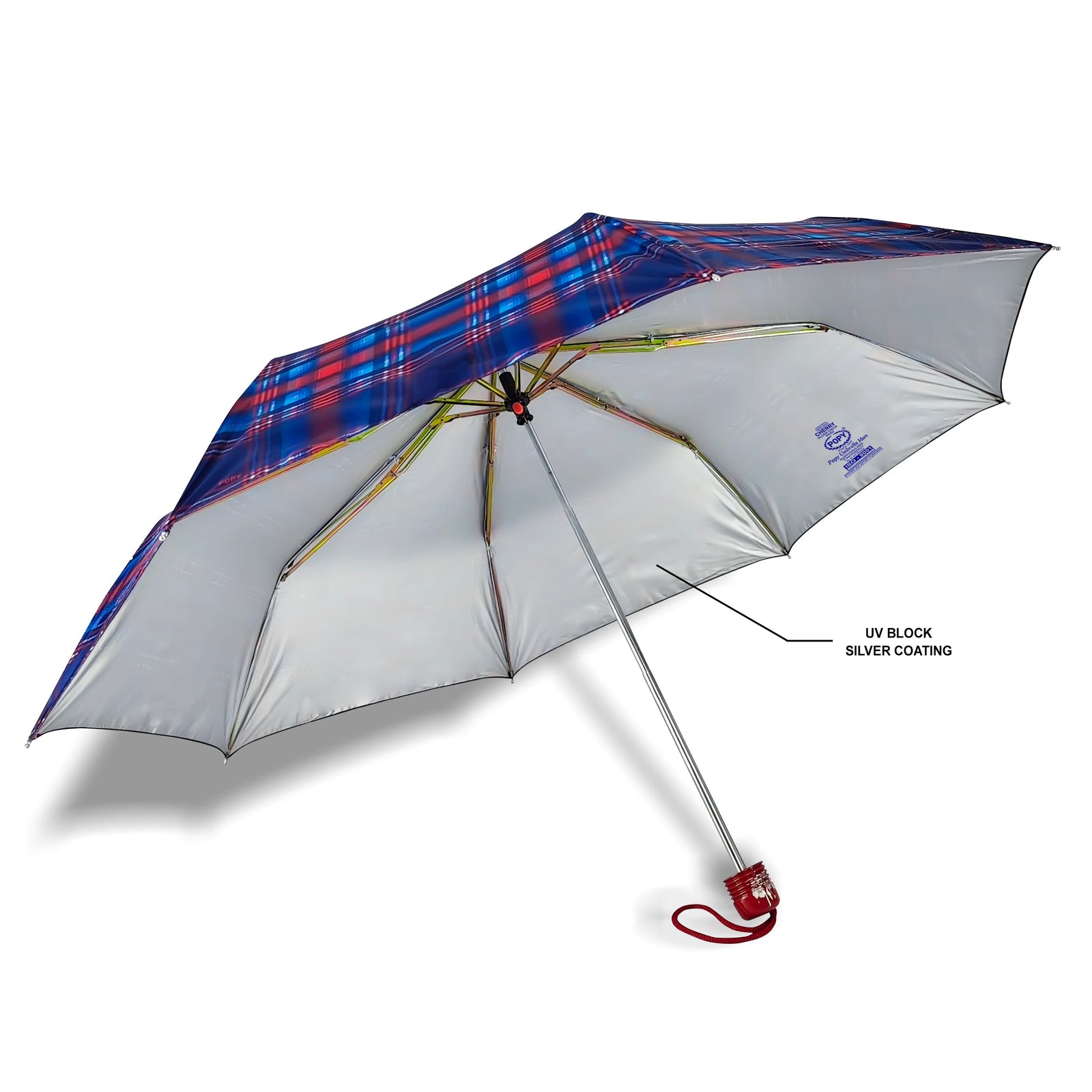 CHERRY SILVER 3 FOLD CHECK PRINT UMBRELLA