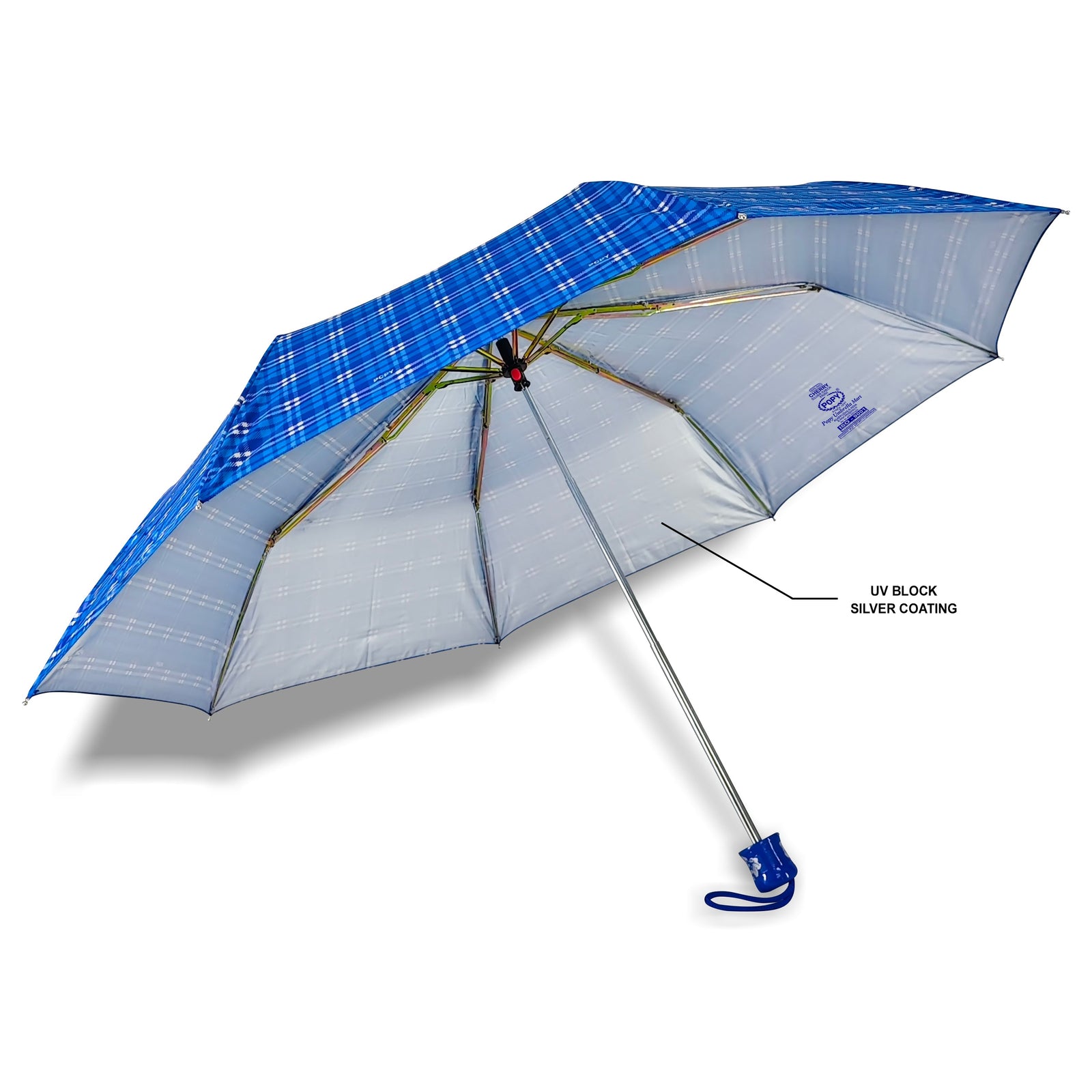 CHERRY SILVER 3 FOLD CHECK PRINT UMBRELLA
