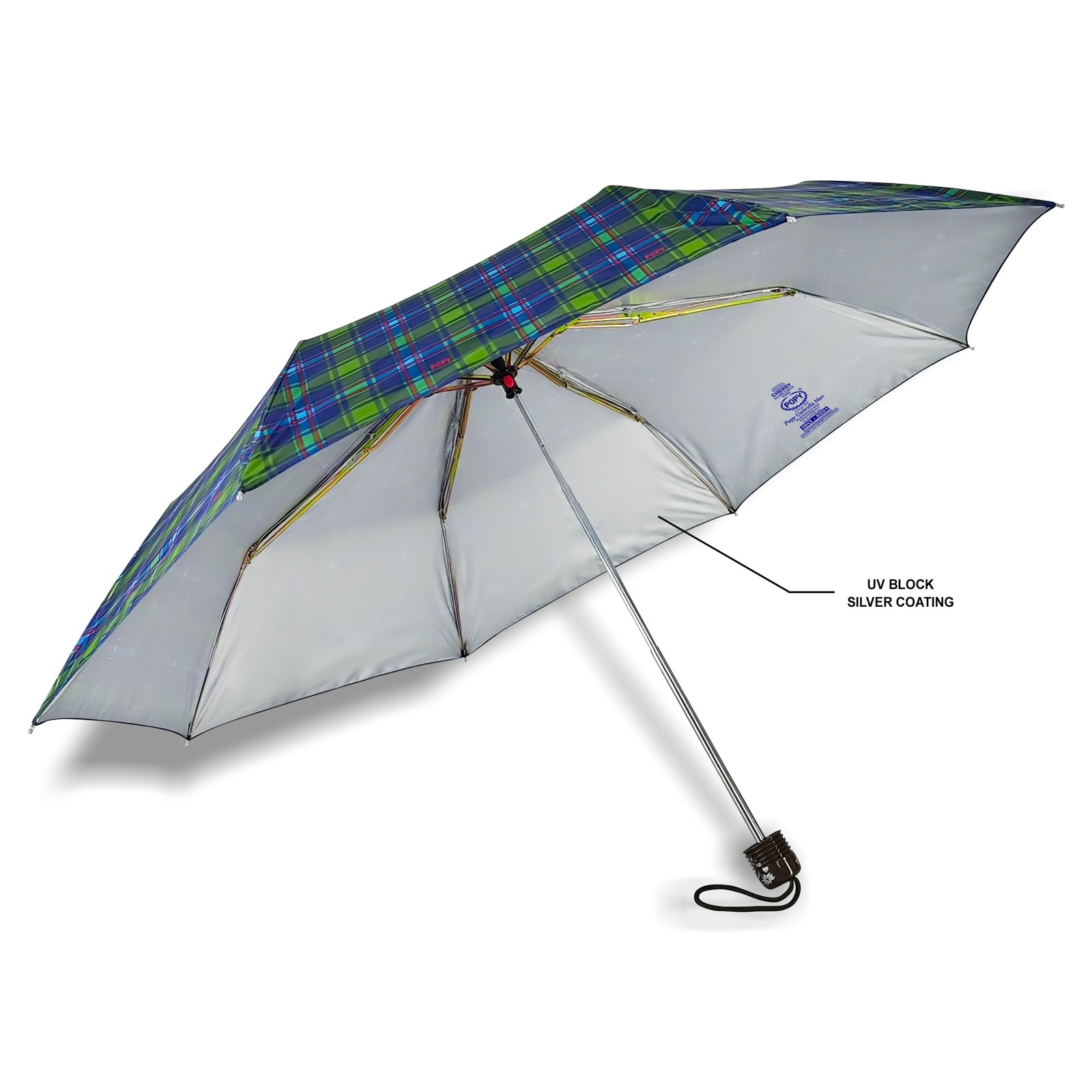 CHERRY SILVER 3 FOLD CHECK PRINT UMBRELLA
