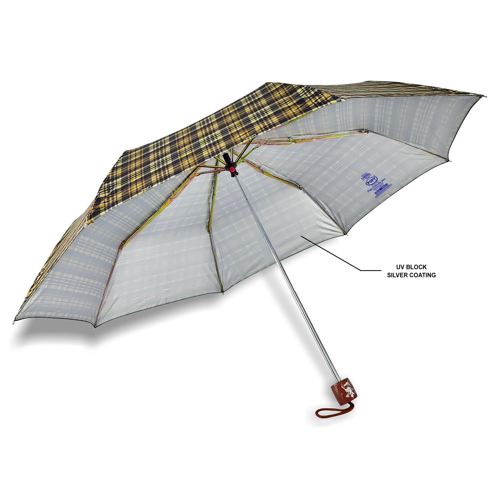 CHERRY SILVER 3 FOLD CHECK PRINT UMBRELLA