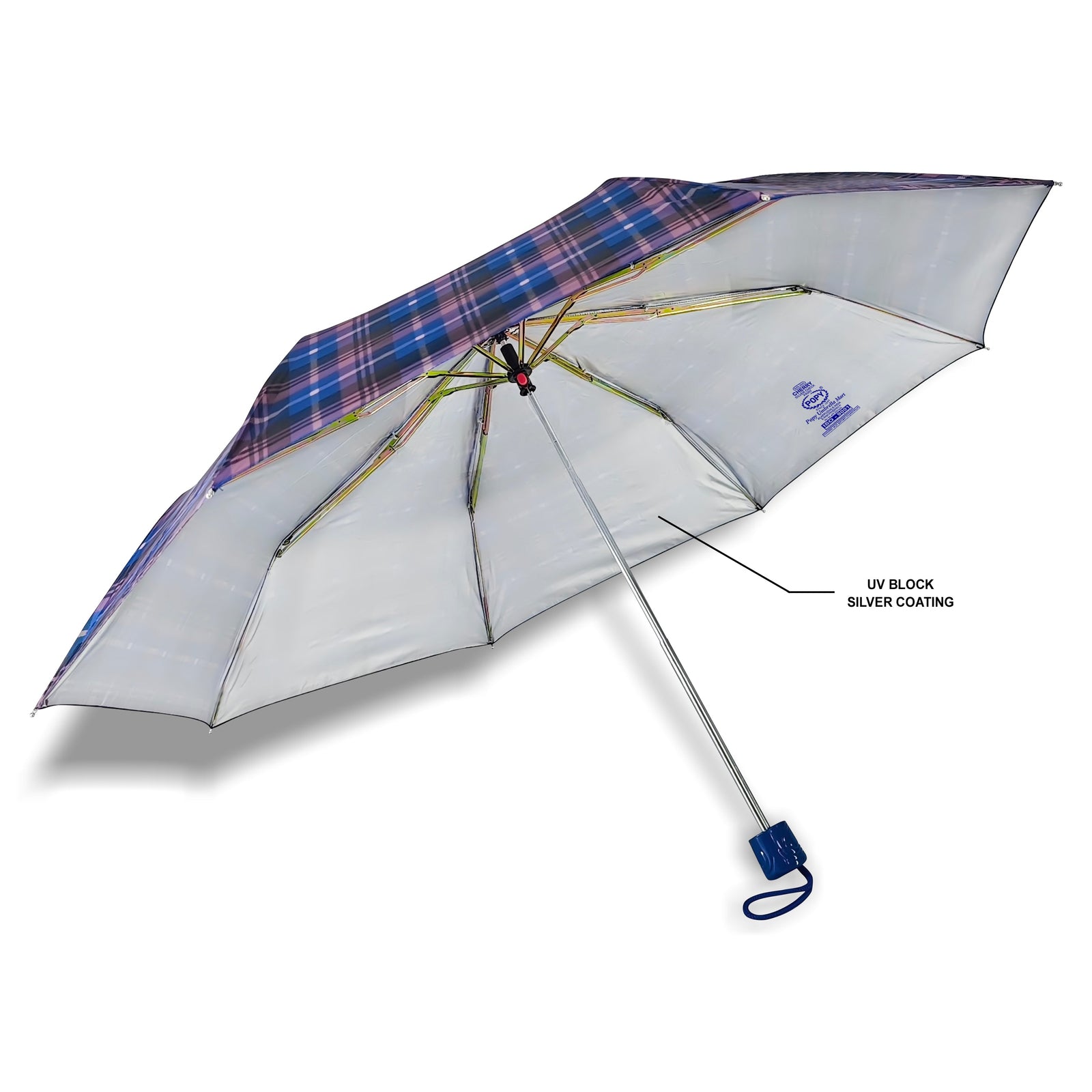 CHERRY SILVER 3 FOLD CHECK PRINT UMBRELLA