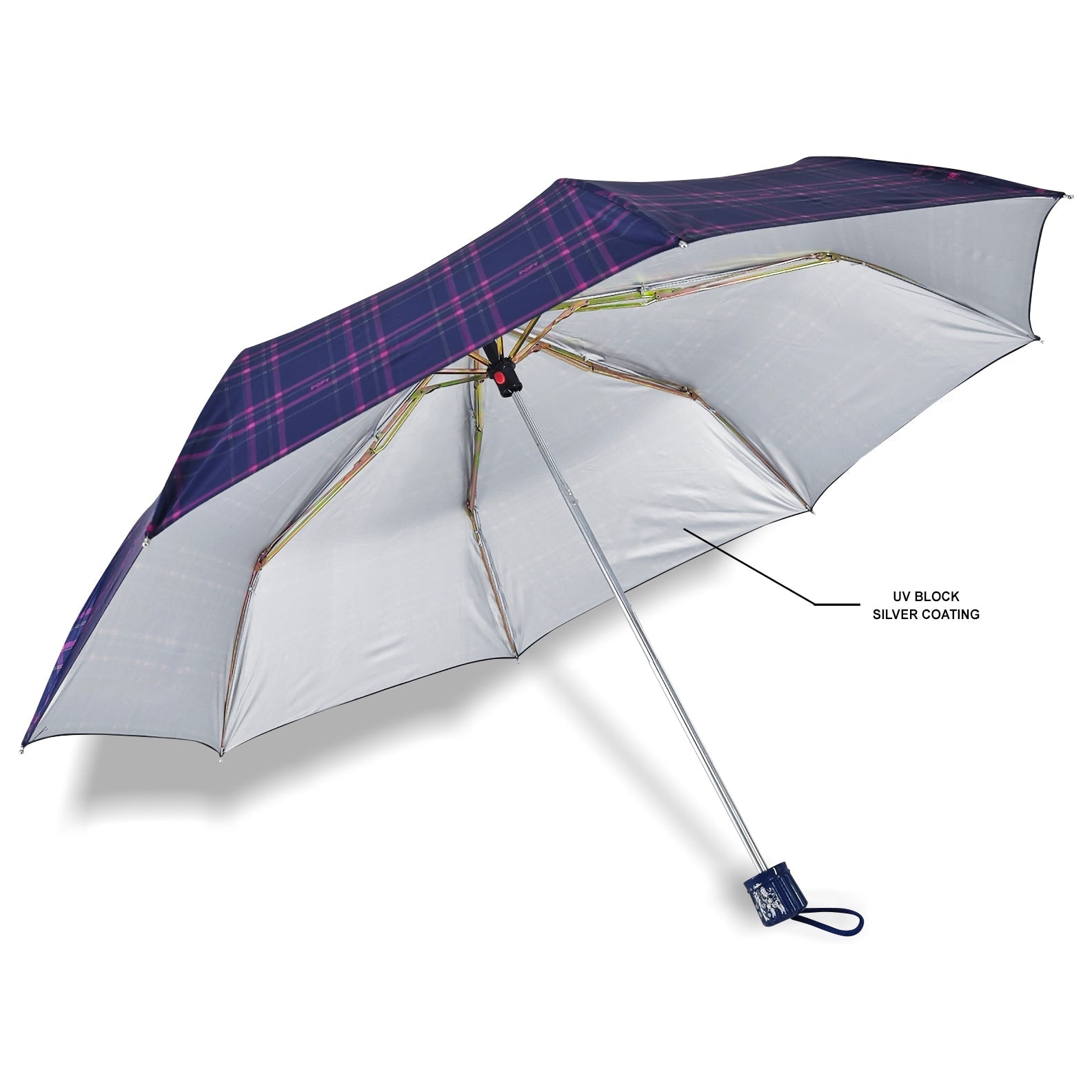 CHERRY SILVER 3 FOLD CHECK PRINT UMBRELLA