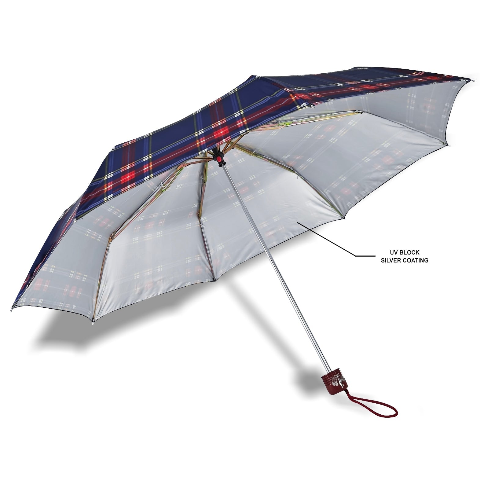 CHERRY SILVER 3 FOLD CHECK PRINT UMBRELLA