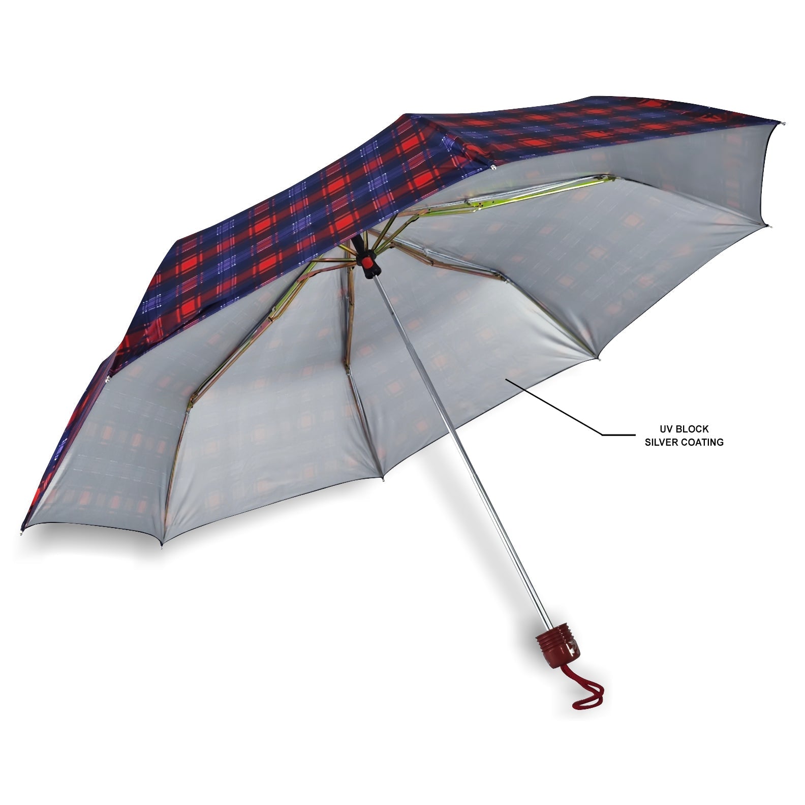CHERRY SILVER 3 FOLD CHECK PRINT UMBRELLA